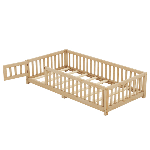 Twin Size Bed Floor Bed with Safety Guardrails and Door for Kids, Natural(Old SKU: W158090686)、、casual