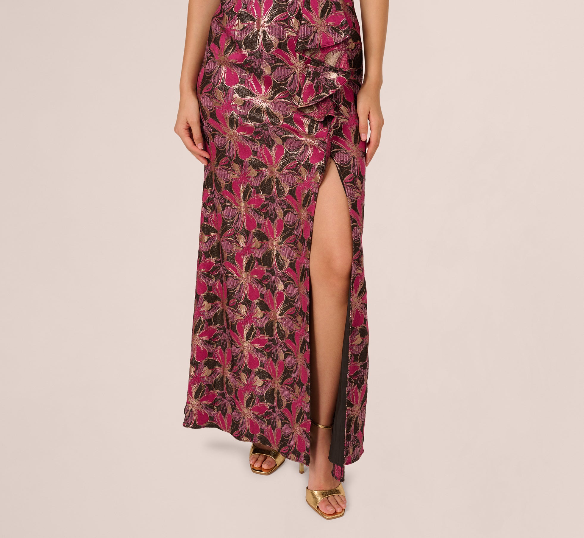 Off Shoulder Jacquard Gown In Fuchsia Multi、mySite、solidvoid