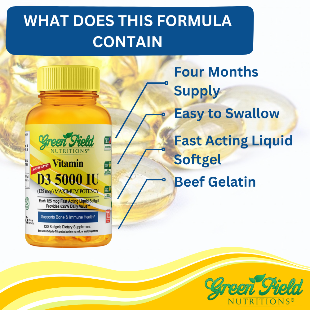 Greenfield Nutritions - Halal Vitamin D3 5000 IU - Immunity and Bone Supports - 120 Softgels - Halal Beef Gelatin、mySite、topwebapps