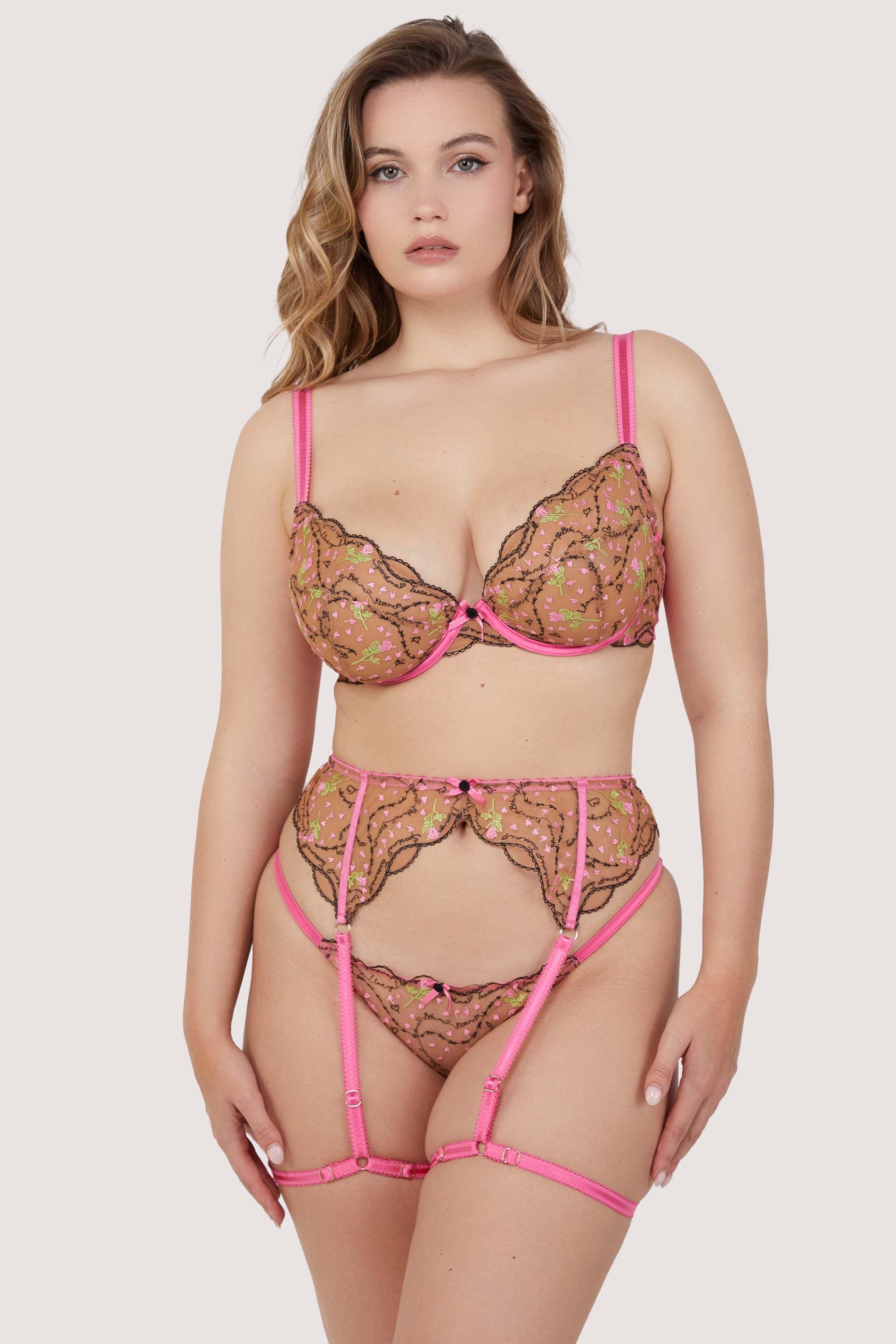 Spank Me Pink and Nude Custom Embroidery Suspender Belt、mySite、bengalsvssteelers