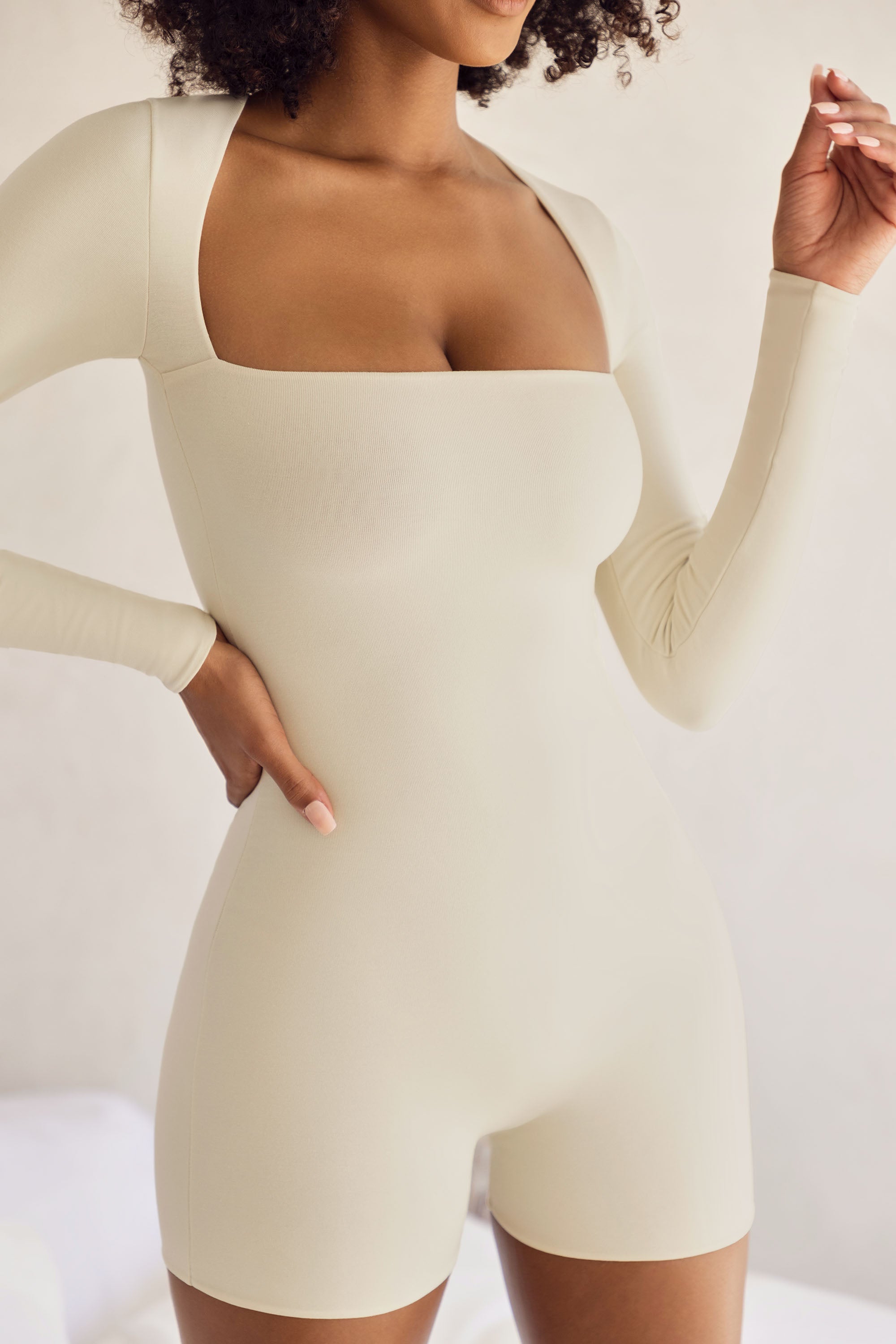Long Sleeve Square Neck Unitard in Ivory、mySite、solidvoid