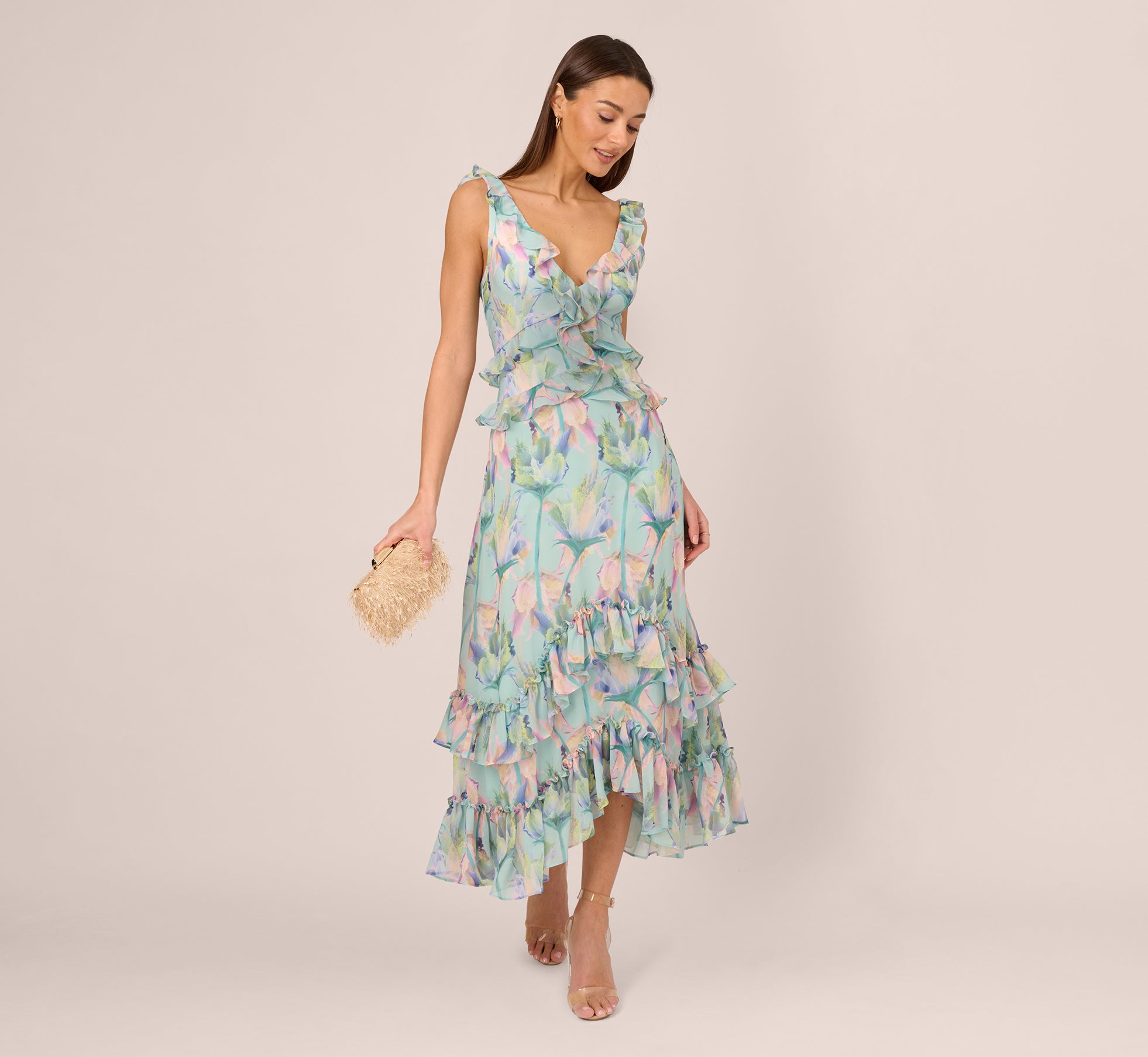 Sleeveless Floral Print High Low Maxi Dress With Ruffle Trim In Mint Multi、mySite、solidvoid