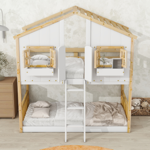 Twin over Twin House Bunk Bed with Roof , Window, Window Box, Door , with Safety Guardrails and Ladder,White、、casual