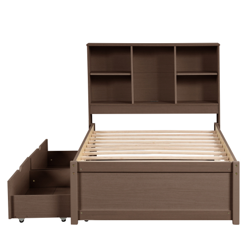 Modern Twin Size Bed Frame With Built-in USB Port on Bookcase Headboard and 2 Drawers for Grey Color、、xpatfood