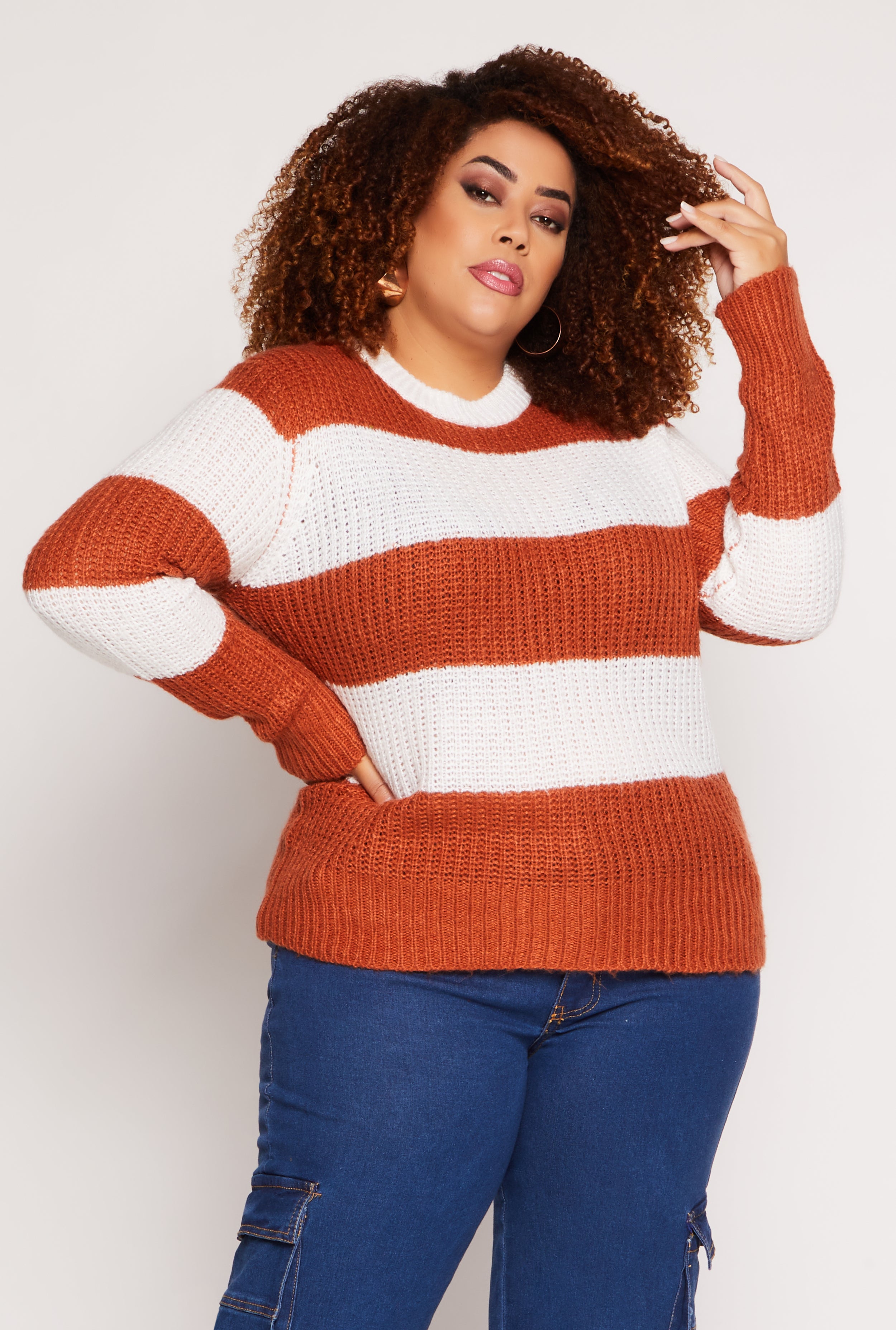 Plus Size Striped Pullover Sweater、mySite、camillekostekn