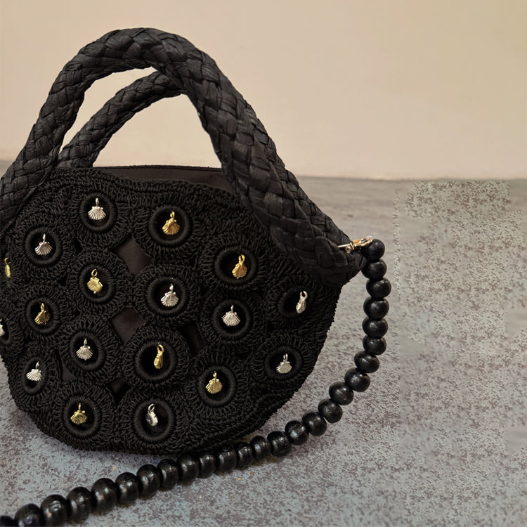 Black Crochet Shell Charm Mini Bag、mySite、solidvoid