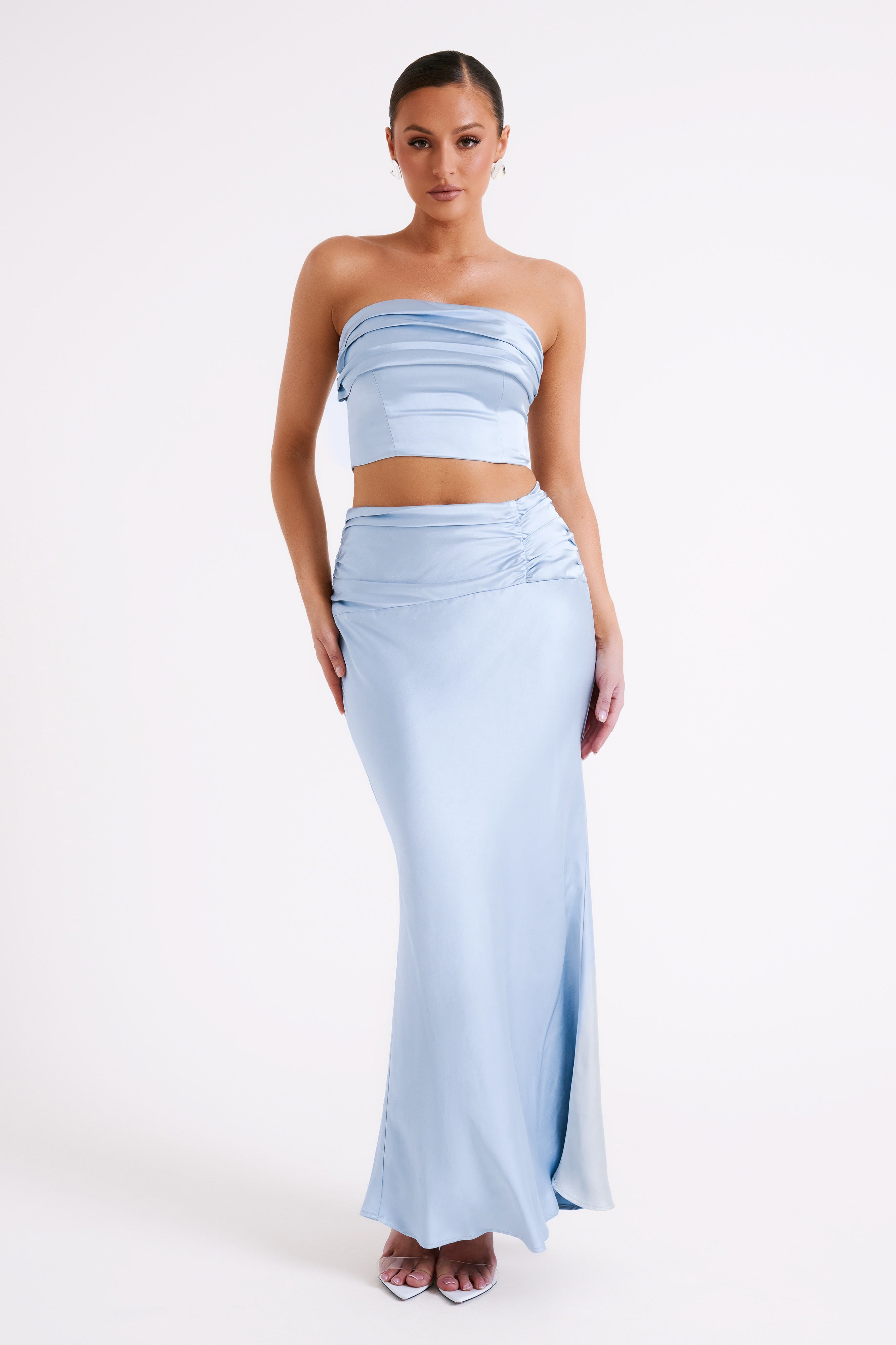Khalani Ruched Satin Maxi Skirt - Ice Blue、mySite、solidvoid