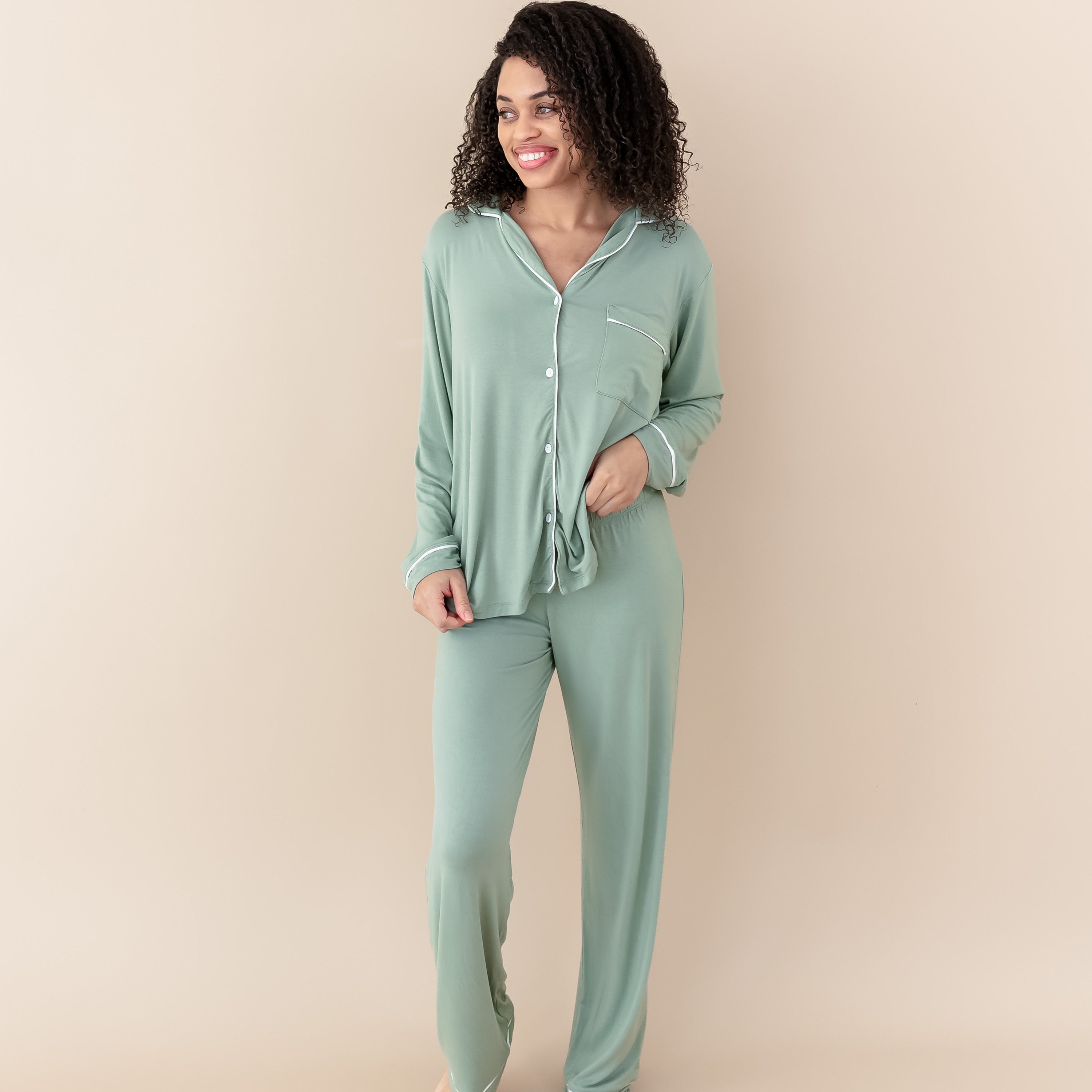  Women's Long Sleeve Pajama Set in Thyme with Cloud Trim、mySite、layawaytickets