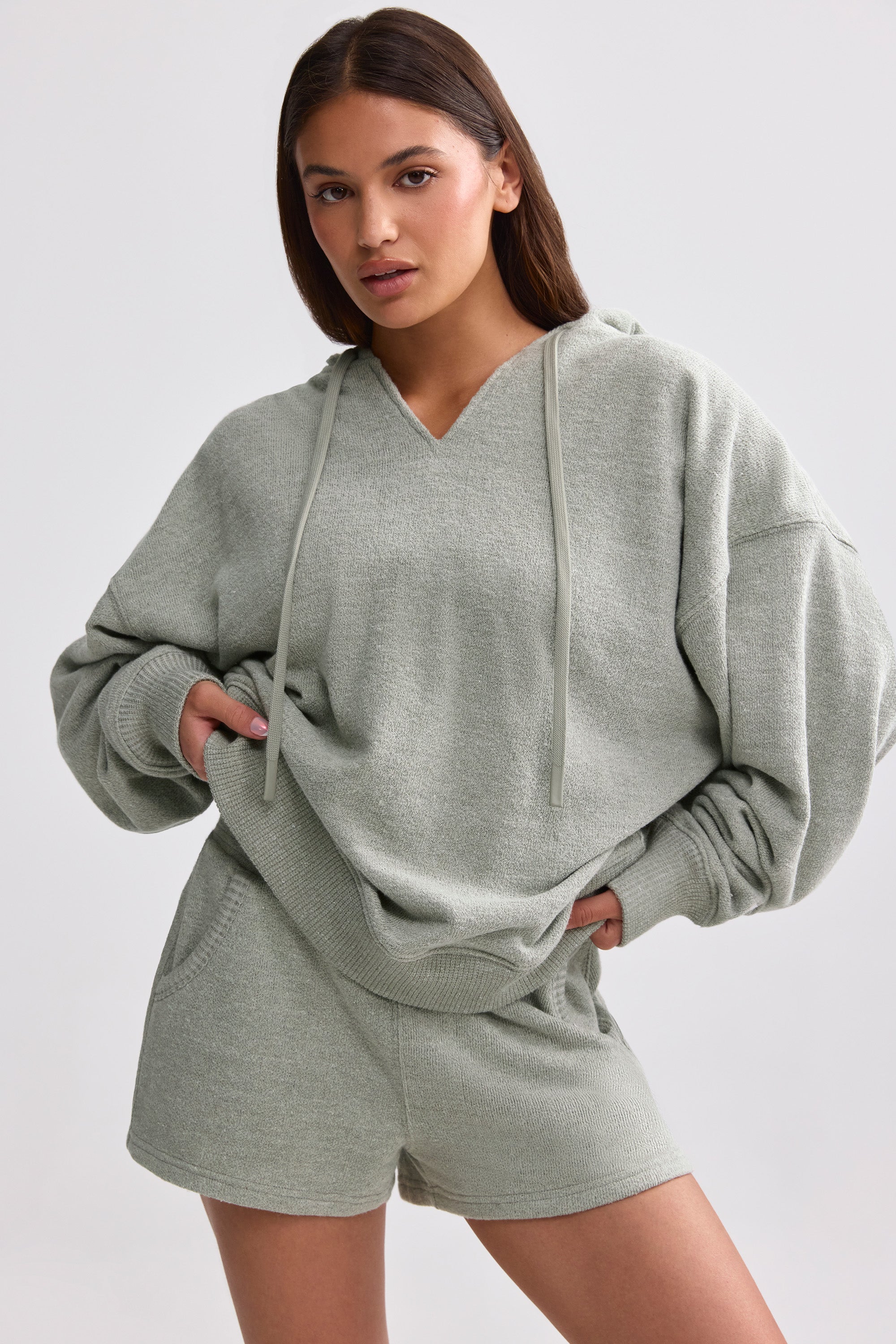 Terry Towelling V-Neck Hoodie in Sage Grey、mySite、solidvoid