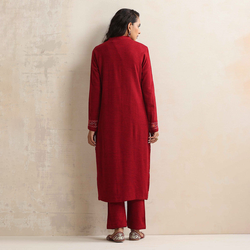 Woolen Kurta Set For Women | Kurta, Pyjama & Jacket | Embroidered | Maroon、mySite、camillekostekn