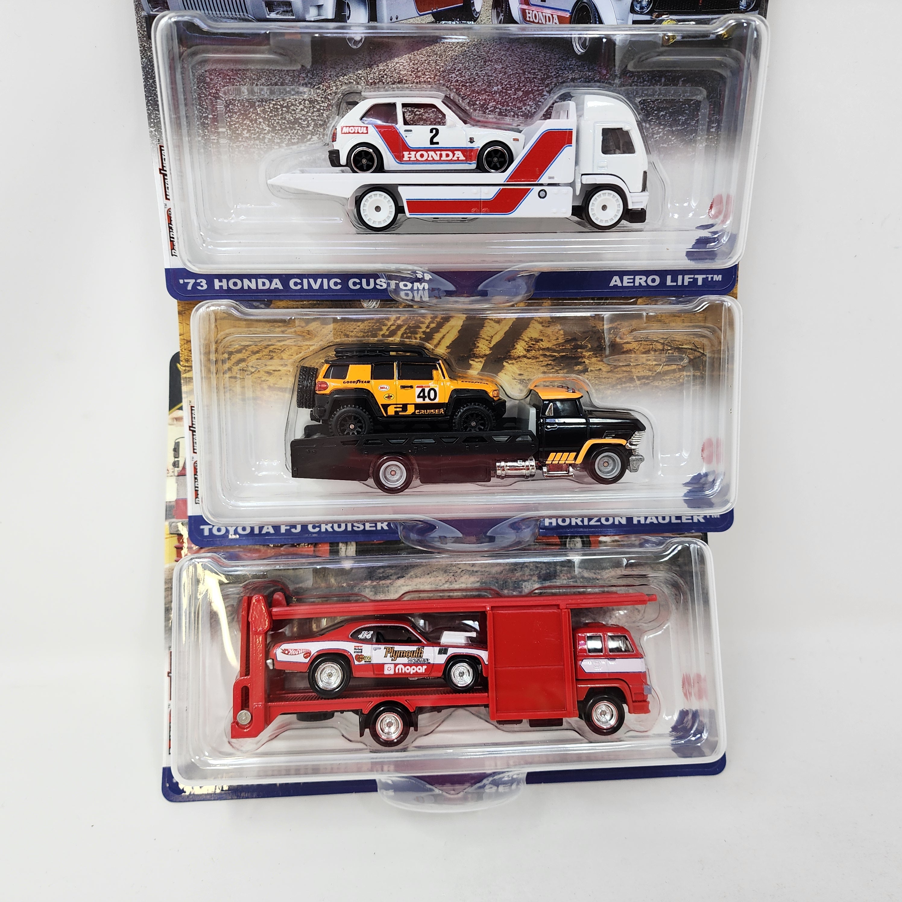 NEW! Complete 3 Car Set Case G * 2025 Hot Wheels Team Transport FJ Crusier, Honda, Duster、mySite、hgirdovlk