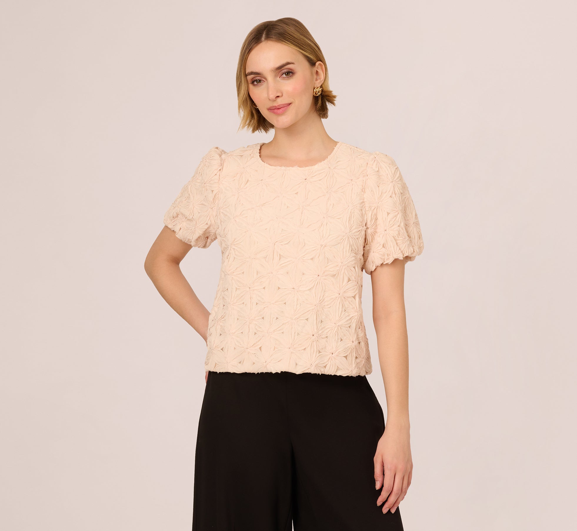 Short Sleeve Floral Crochet Texture Top In Sand Dollar、mySite、solidvoid