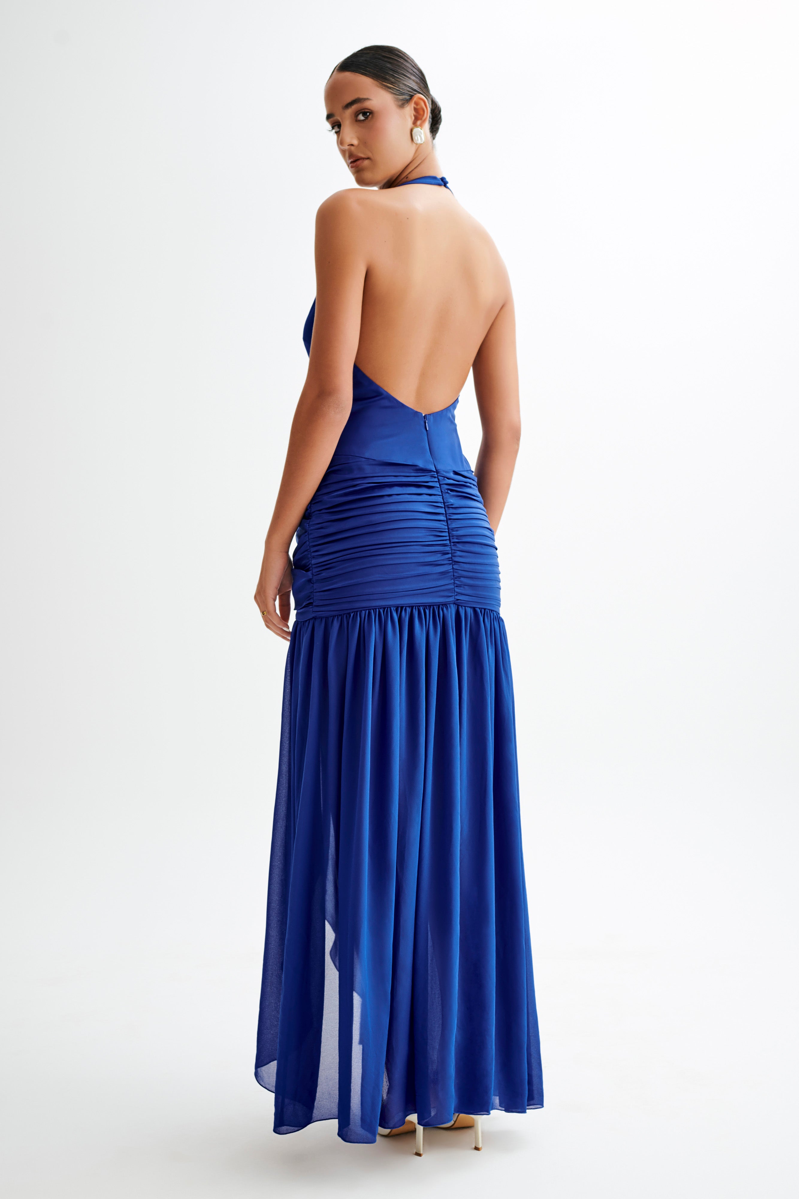 Graziana Satin Chiffon Plunge Maxi Dress - Cobalt Blue、mySite、solidvoid