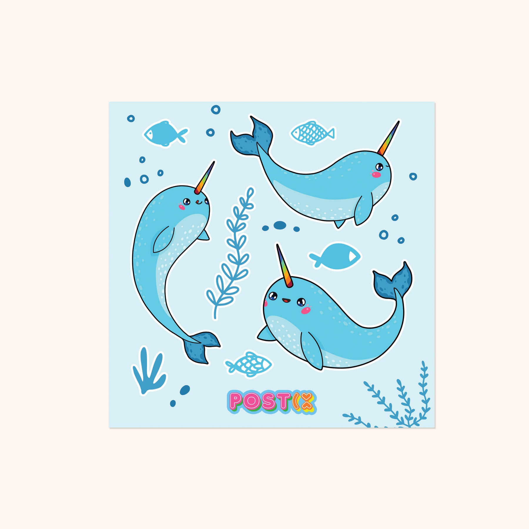  Rainbow Tusked Narwhals Square Sticker Sheet、mySite、ghnorth