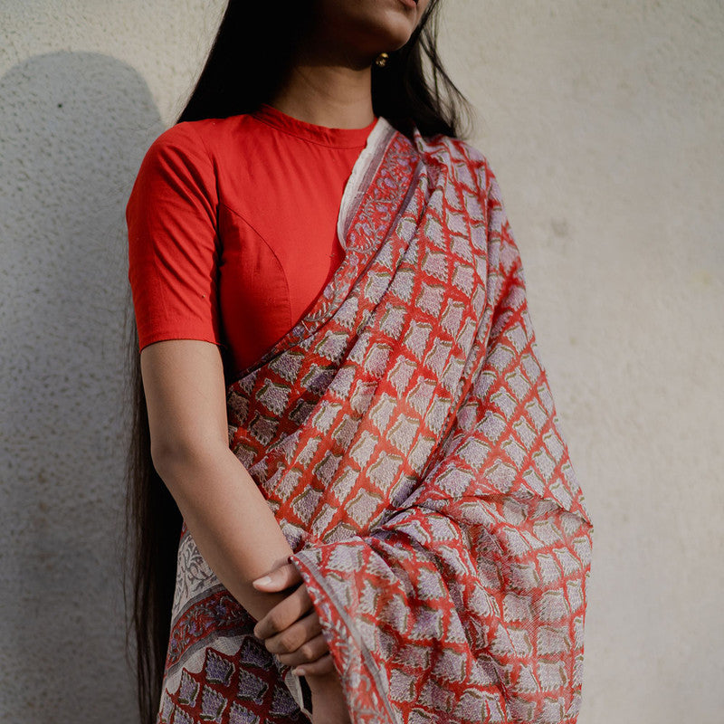 Women Festive Wear | Kota Doria Sarees | Sanganeri Print | Red、mySite、camillekostekn
