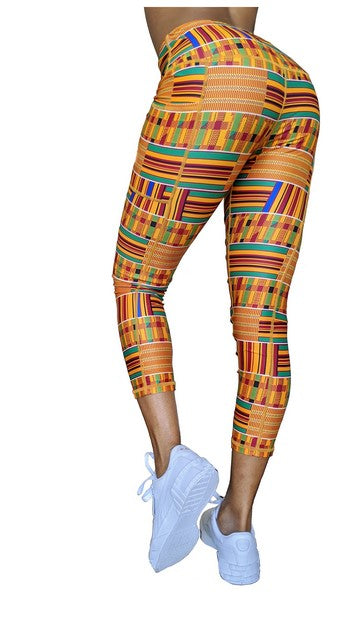 Washoge ESI Kente Print Women's High Waist Leggings w- Pockets、mySite、solidvoid