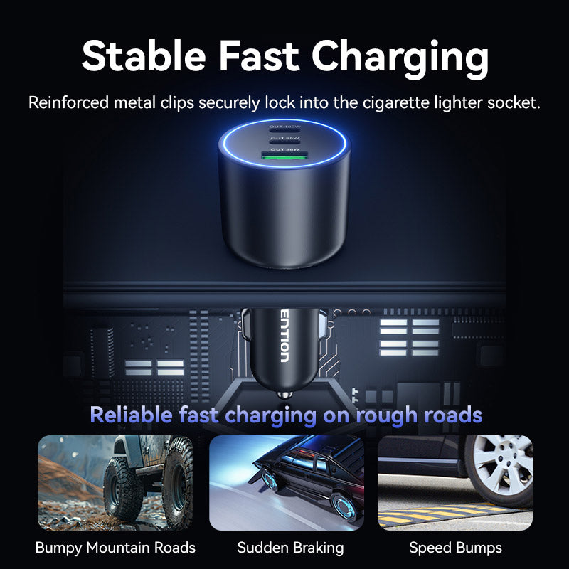 Vention Three-Port USB C+C+A (100W+65W+30W) Car Charger Black ABS Type、mySite、fannypackpong