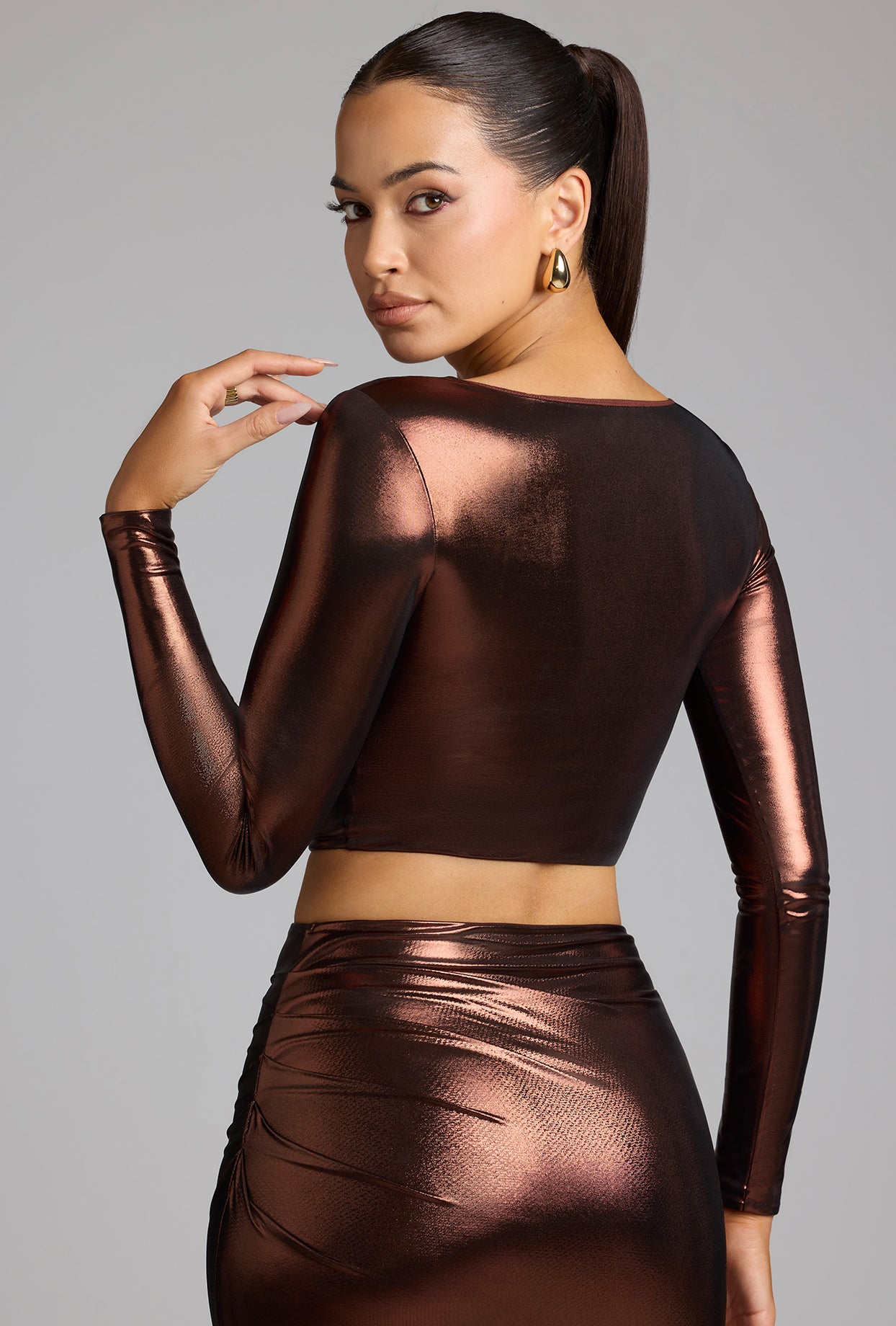 Plunge Neck Metallic Jersey Crop Top in Copper Bronze、mySite、solidvoid