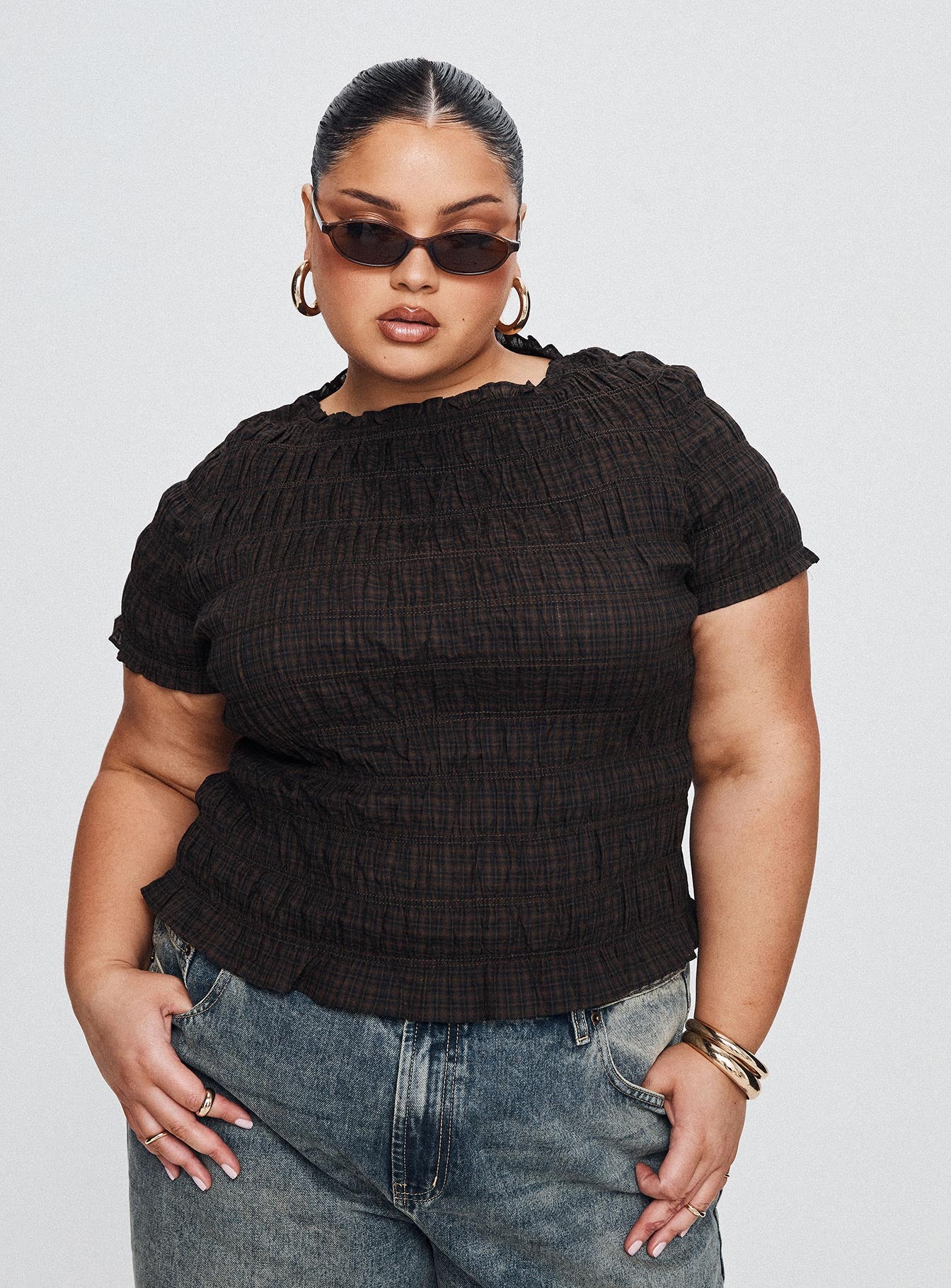 Romelle Shirred Top Black / Brown Plaid、mySite、solidvoid