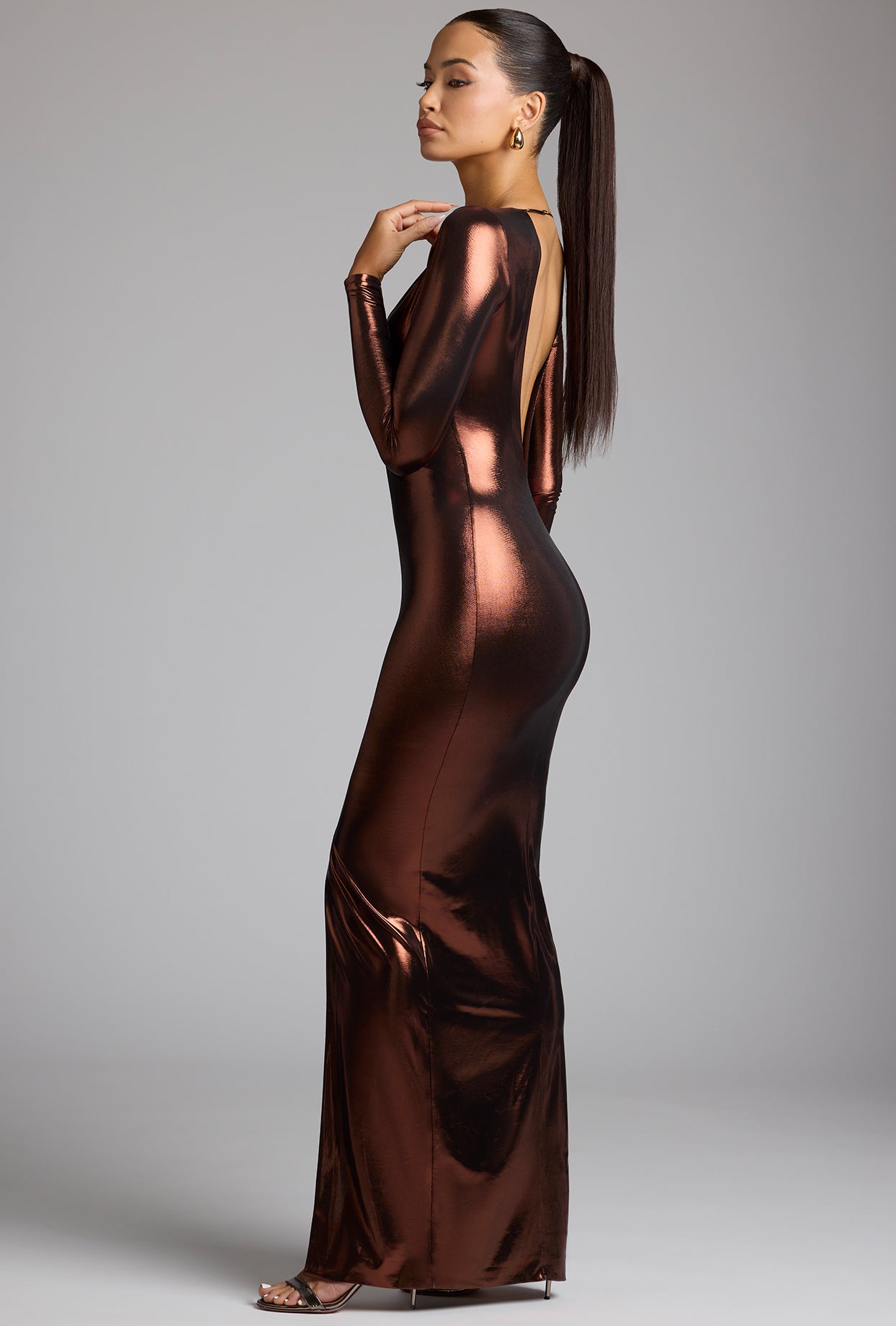 Long Sleeve Metallic Jersey Evening Gown in Copper Bronze、mySite、solidvoid