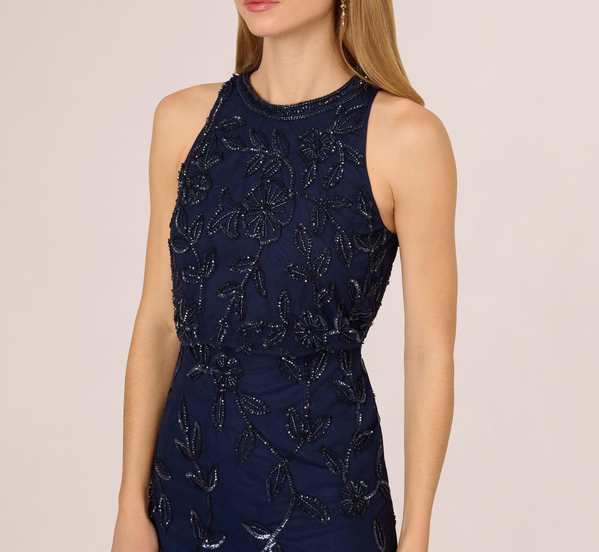 Sleeveless Blouson Mermaid Gown With Jasmine Beading In Light Navy、mySite、solidvoid