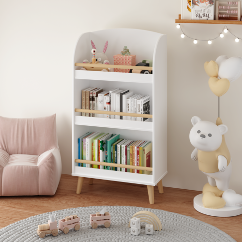 Kids Bookshelf, 3-Tier Bookcase, Book Organizer, toy Storage Cabinet Organizer, White、、casual