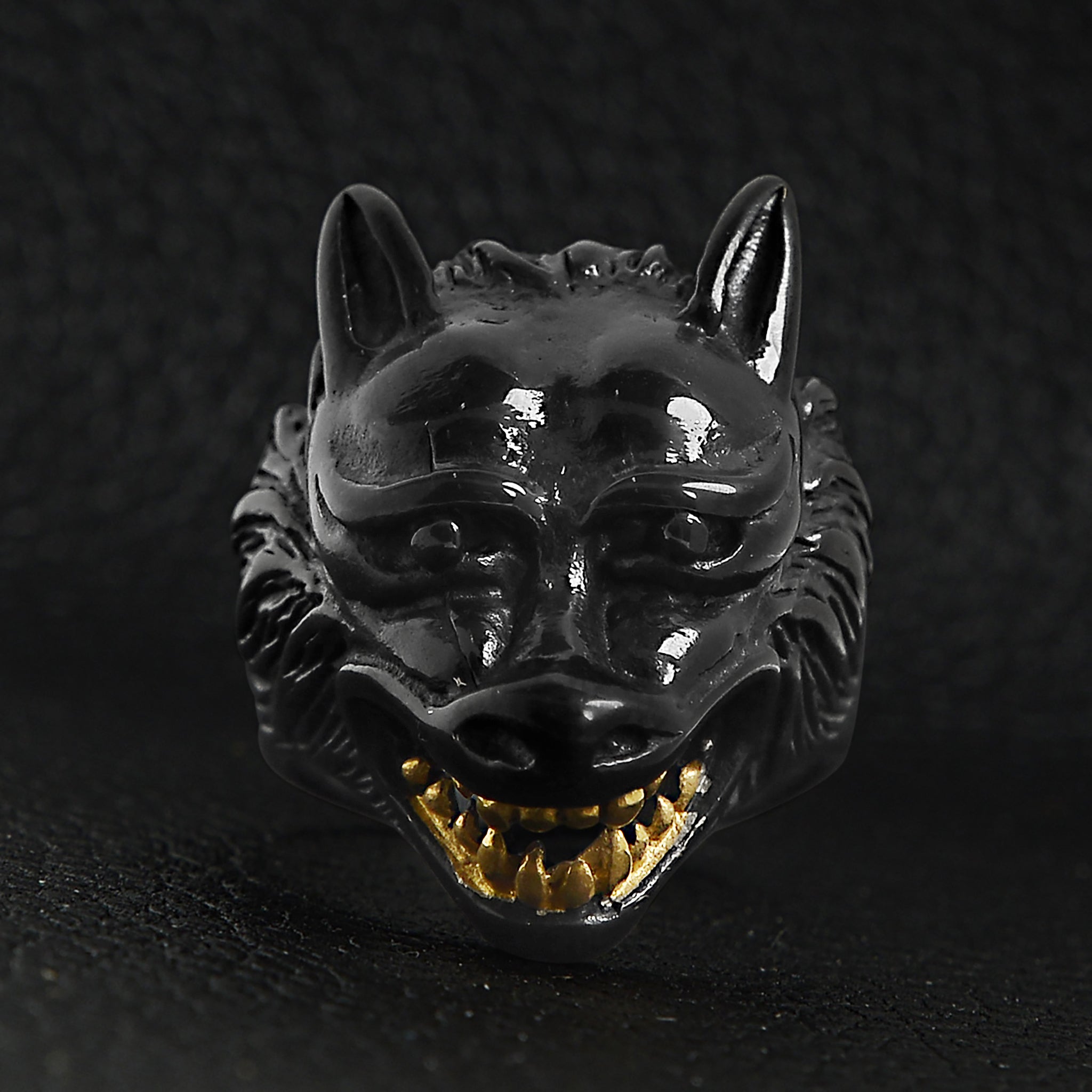 Stainless Steel Black Wolf With 18K Gold PVD Coated Teeth Ring / SCR3076、mySite、dreamappss