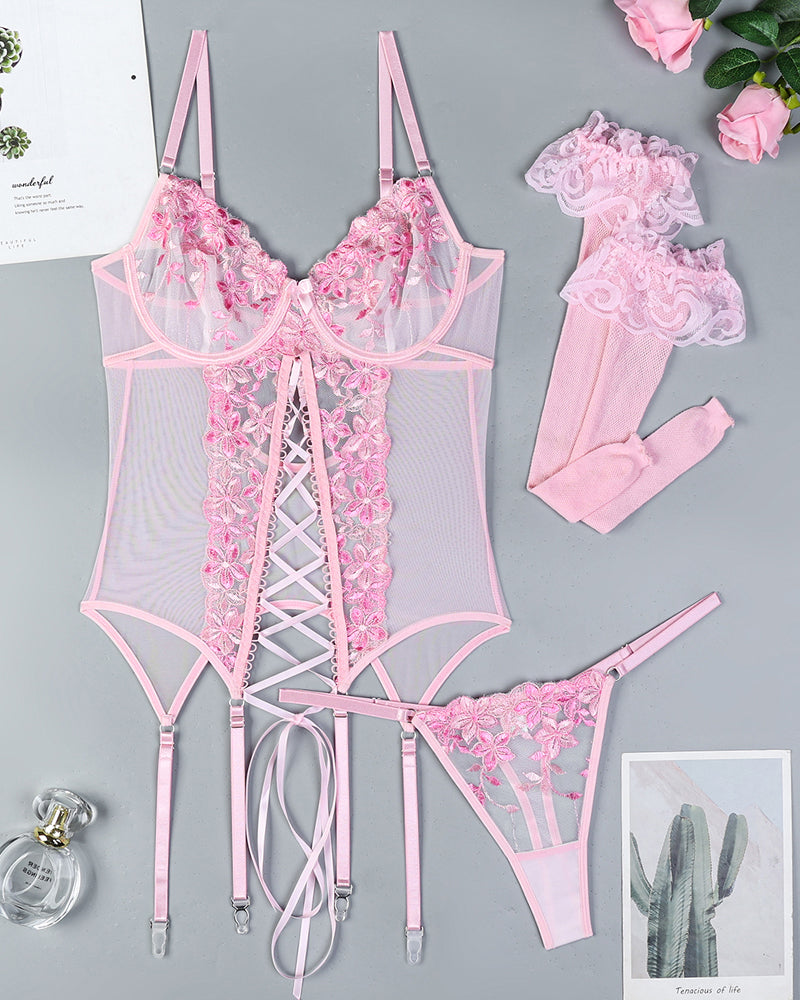 Flower Embroidered Stockings Bra Set、mySite、bengalsvssteelers