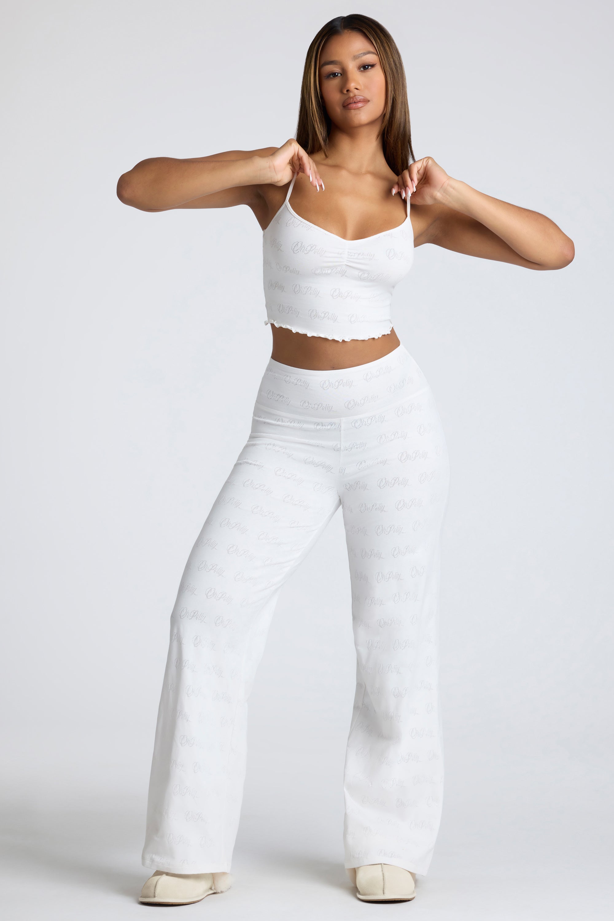 Strappy Ruched Pointelle Crop Top in White、mySite、solidvoid