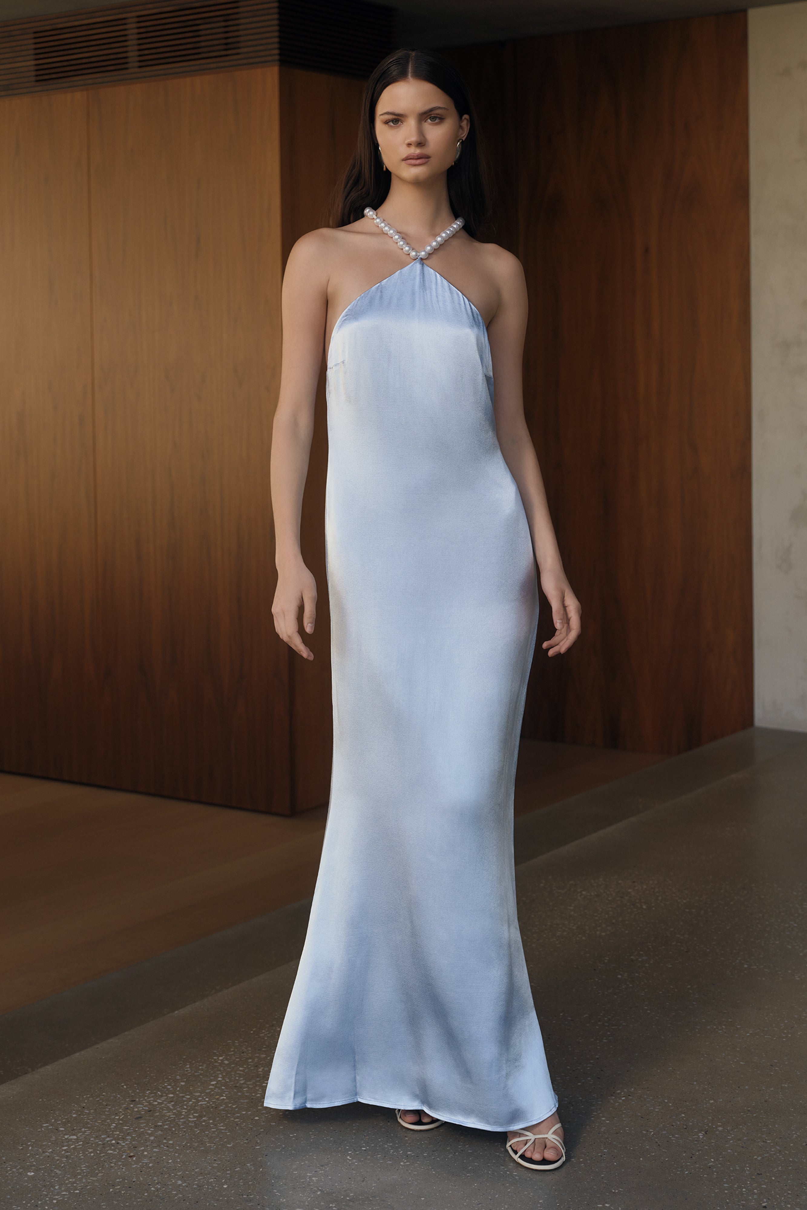 Blanche Satin Pearl Halter Maxi Dress - Cornflower Blue、mySite、solidvoid