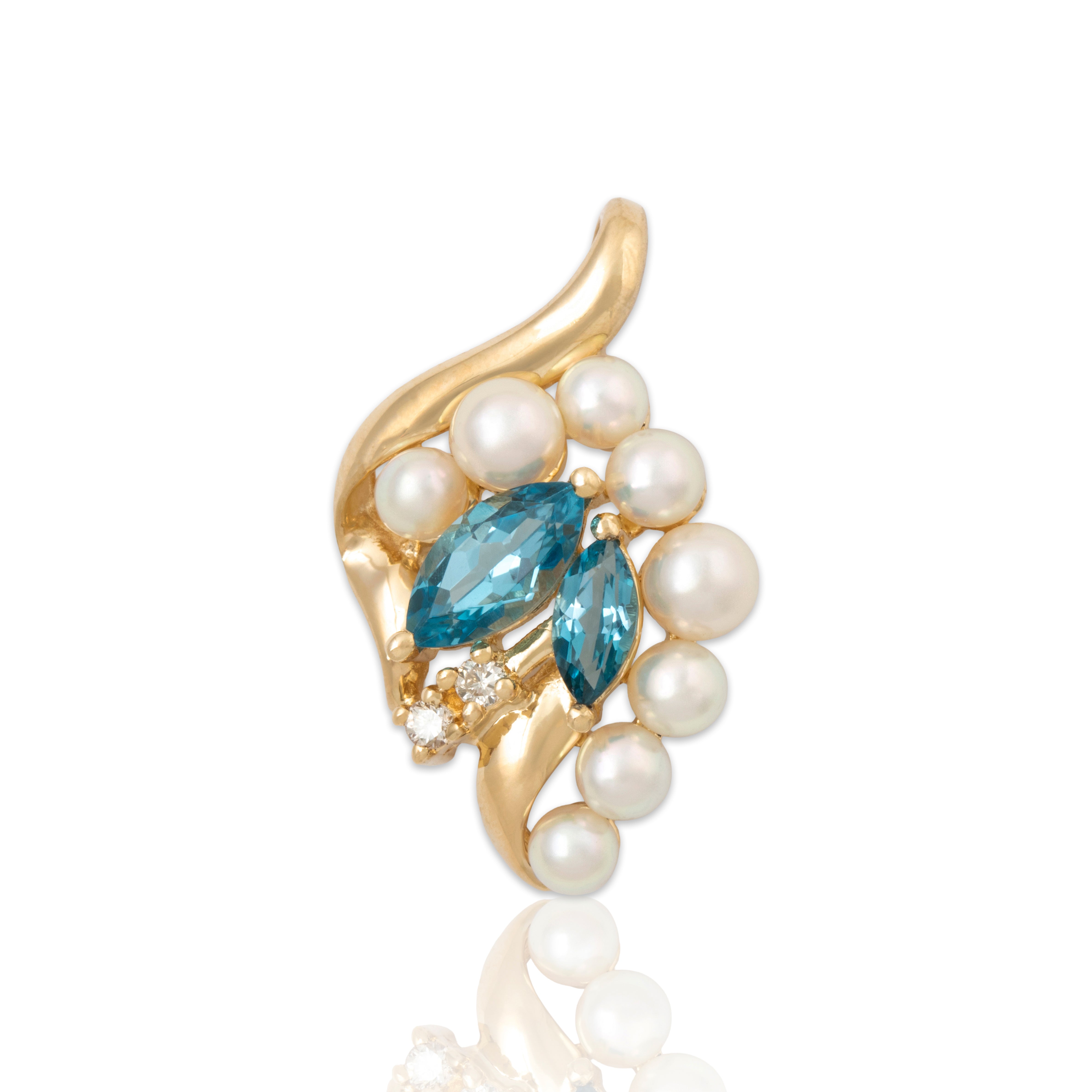 Vintage 14k Yellow Gold Blue Topaz Pearl Diamond Foliate Cluster Pendant、mySite、hinf8tx79