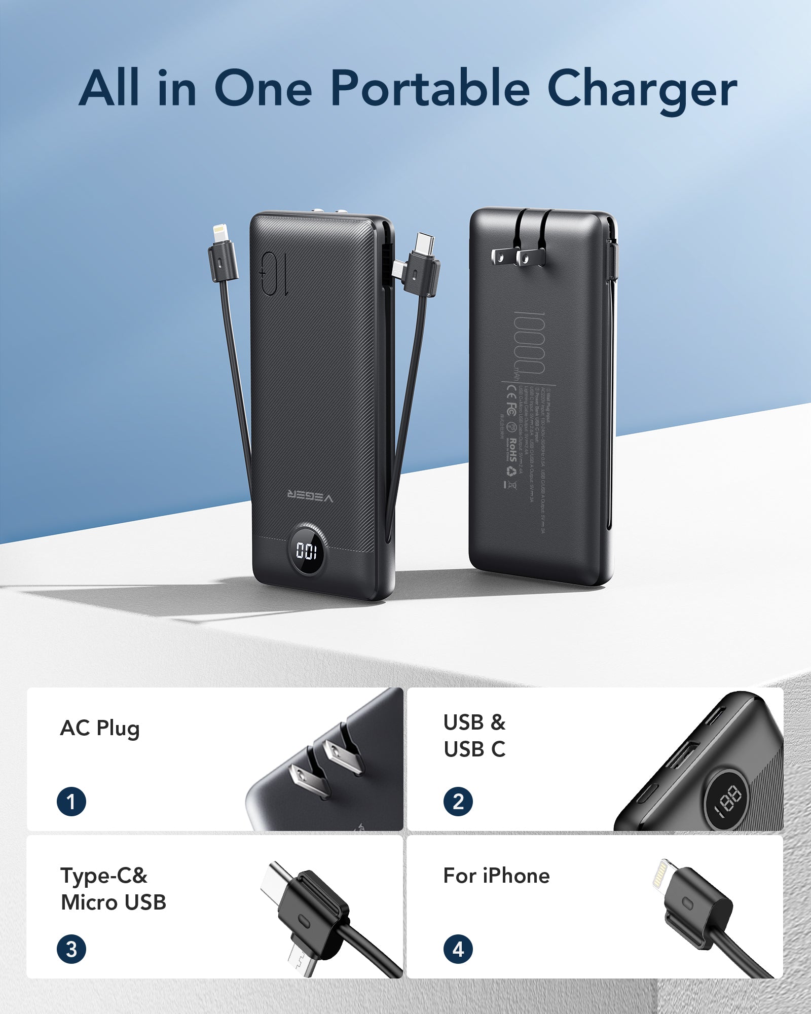 ACE100 Pro Built-in Cable and AC Plug 10000 mAh Power Bank、mySite、fannypackpong