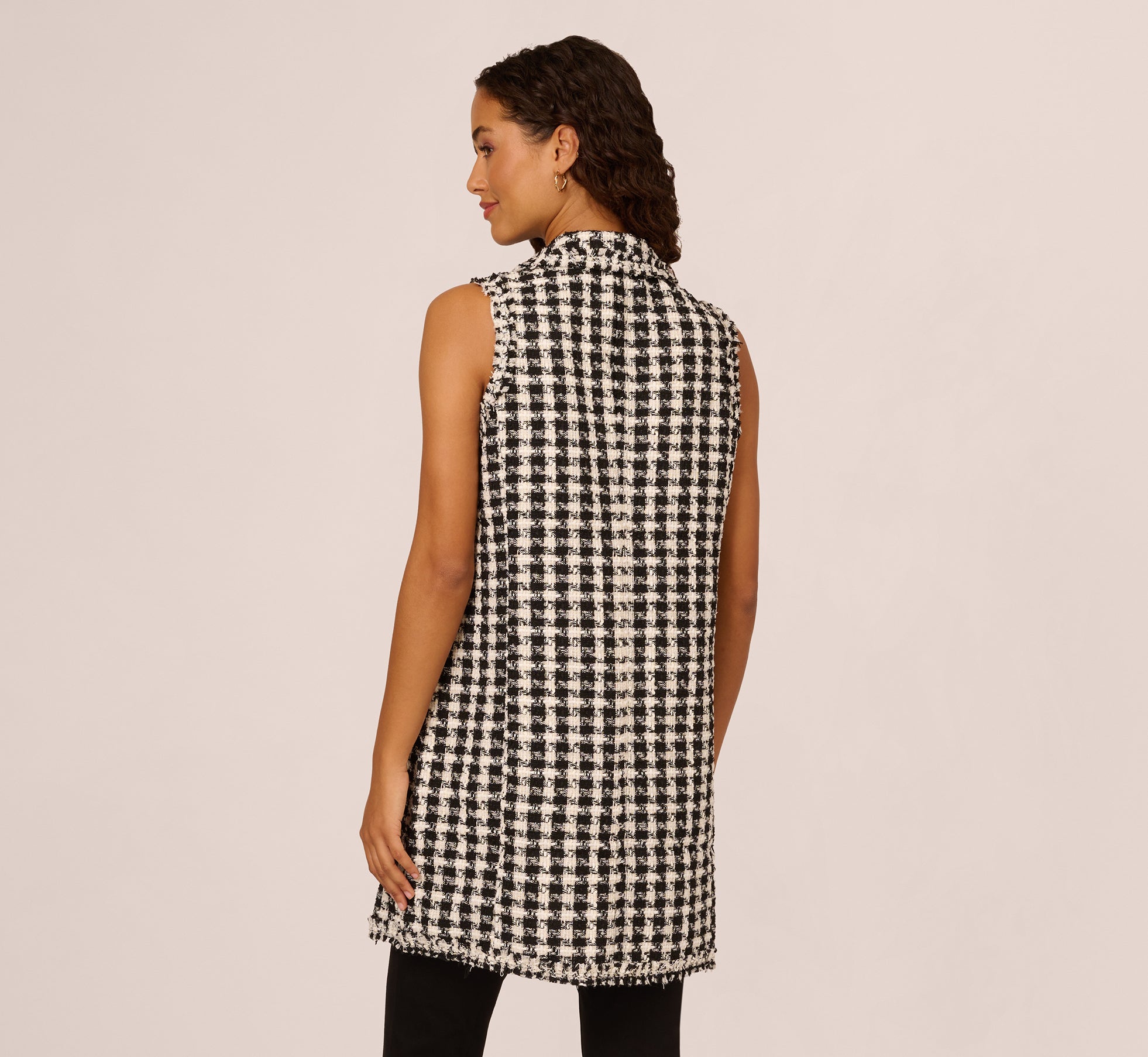 Sleeveless Houndstooth Duster Vest With Raw Edges In Black Ivory Boucle Houndstooth、mySite、solidvoid