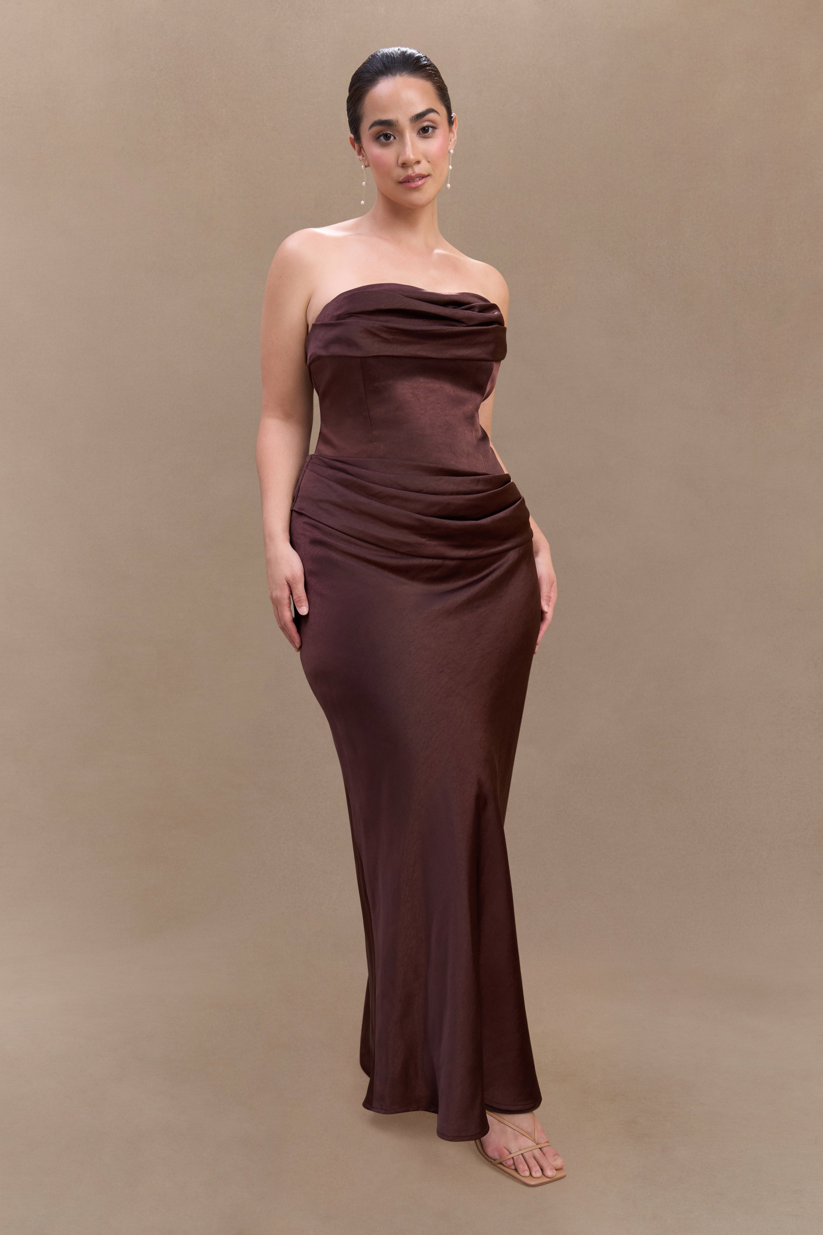 Jasmine Strapless Satin Maxi Dress - Dark Chocolate、mySite、solidvoid