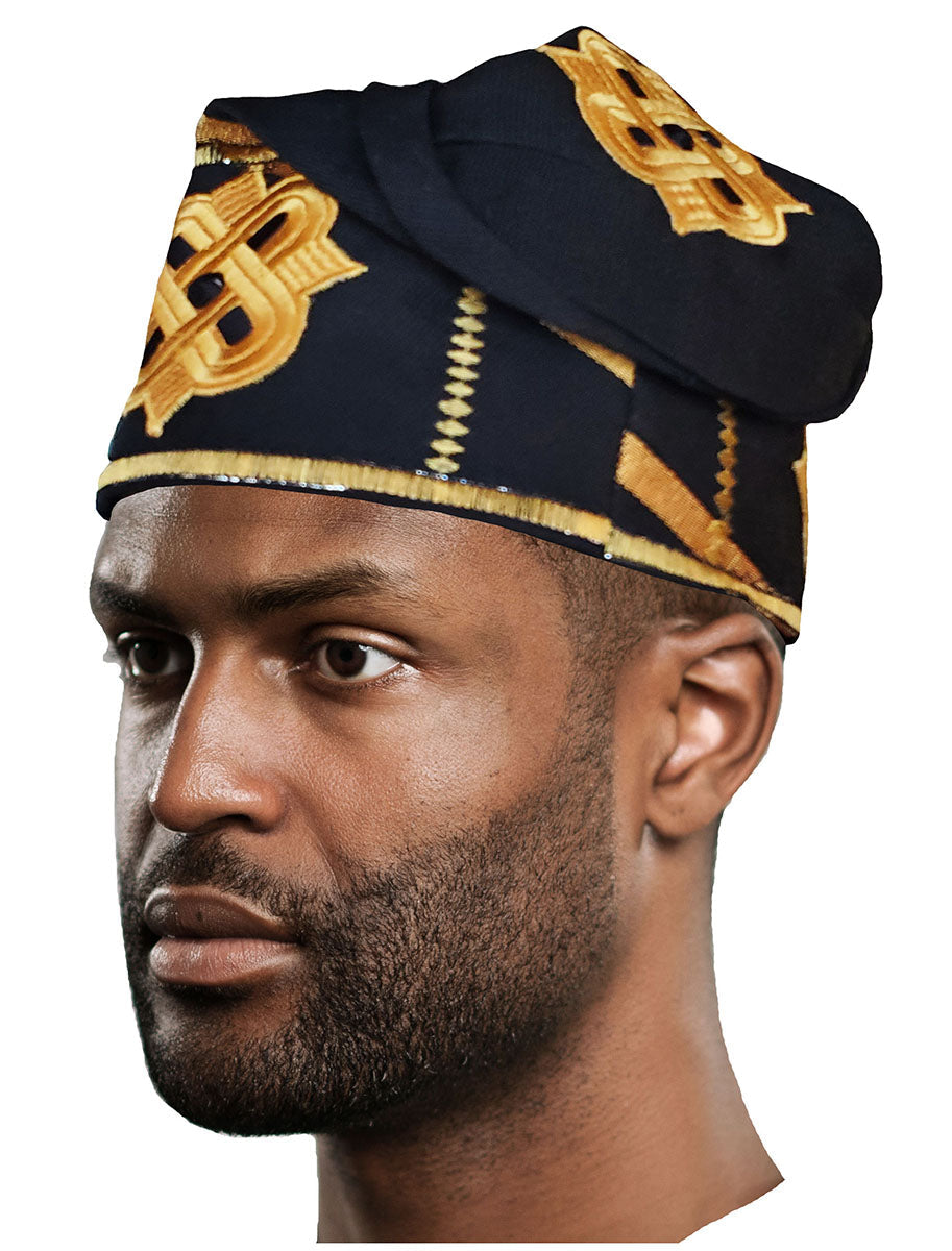 Black and Gold Embroidered African Hand woven Aso Oke Hat、mySite、solidvoid