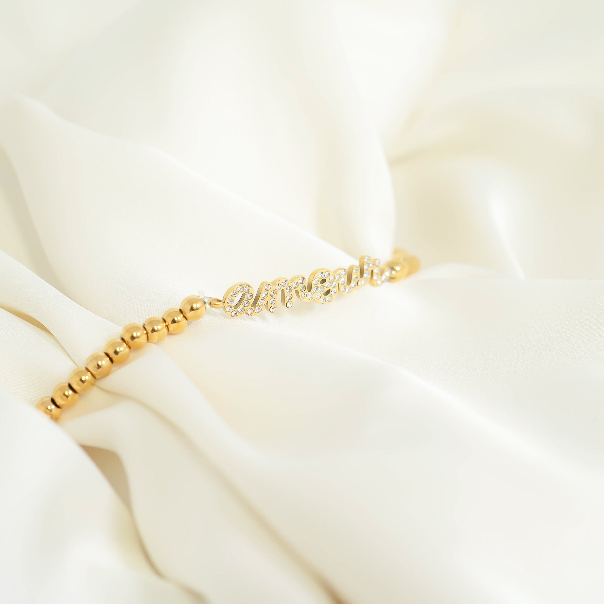 18K Gold PVD Stainless Steel Stone Amour Metal Beaded Stretch Bracelet / BRJ1015、mySite、dreamappss