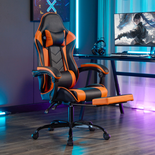 Gaming Chair with Footrest, Ergonomic Computer Chair with Headrest and Lumbar Support, Breathable Material Height Adjustable Video Game Chairs for Adults, Black Orange、、casual