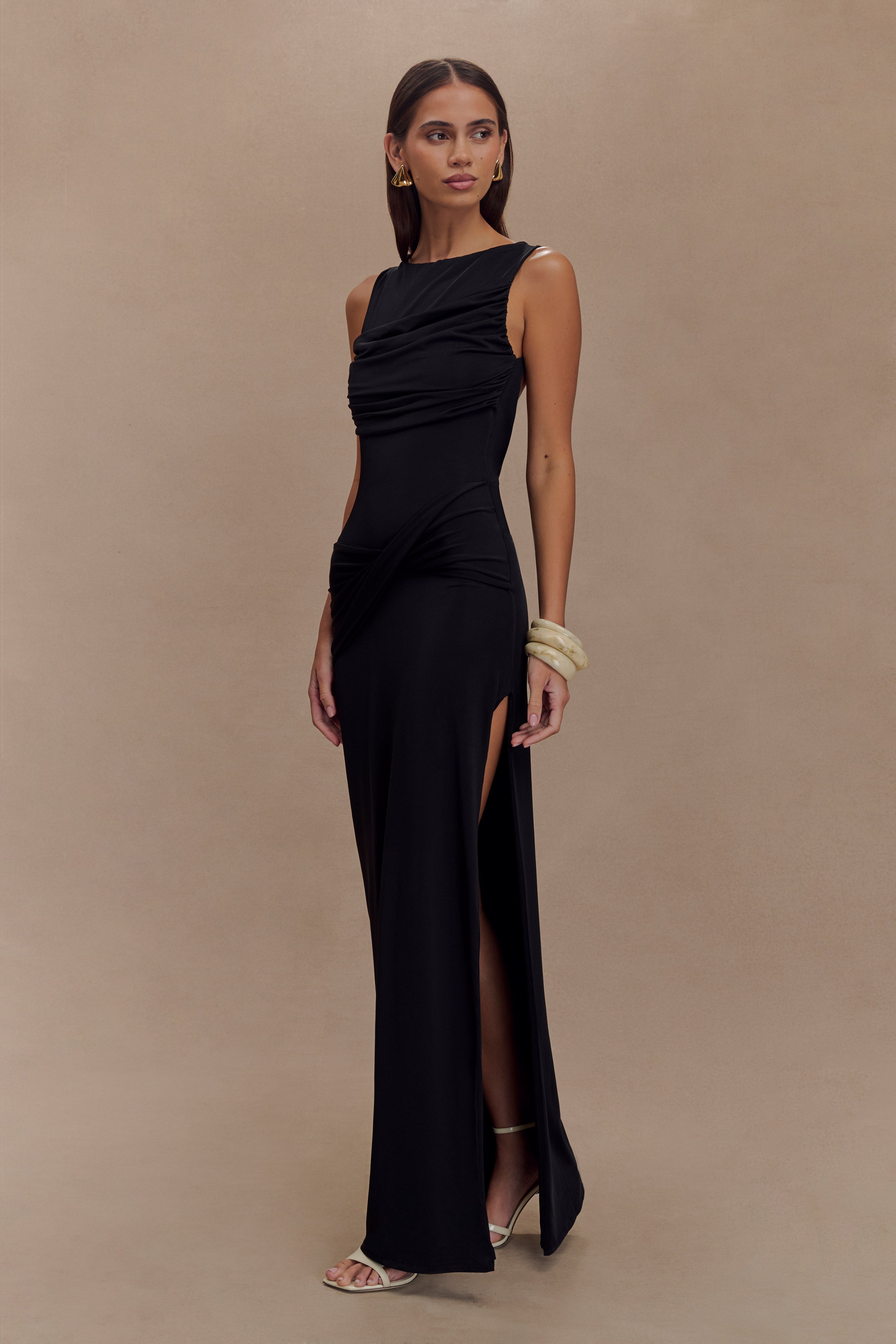 Henley Slinky Drape Maxi Dress - Black、mySite、solidvoid