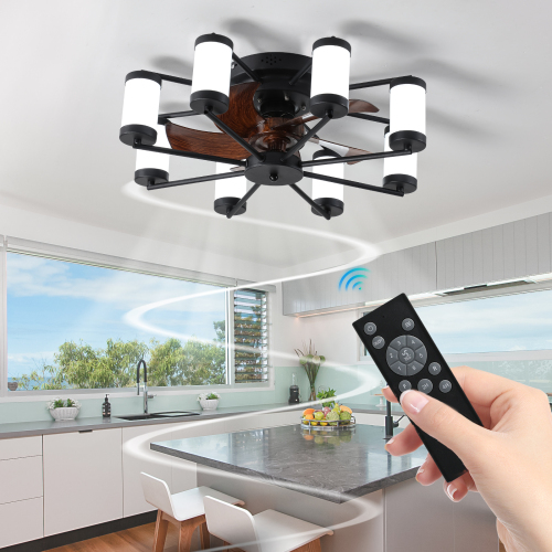 21.7 inch Ceiling Fan Light - Windmill-shaped Flush Mount Ceiling Fan with Light with Remote Control and Timer,Black、、eastwooduniform