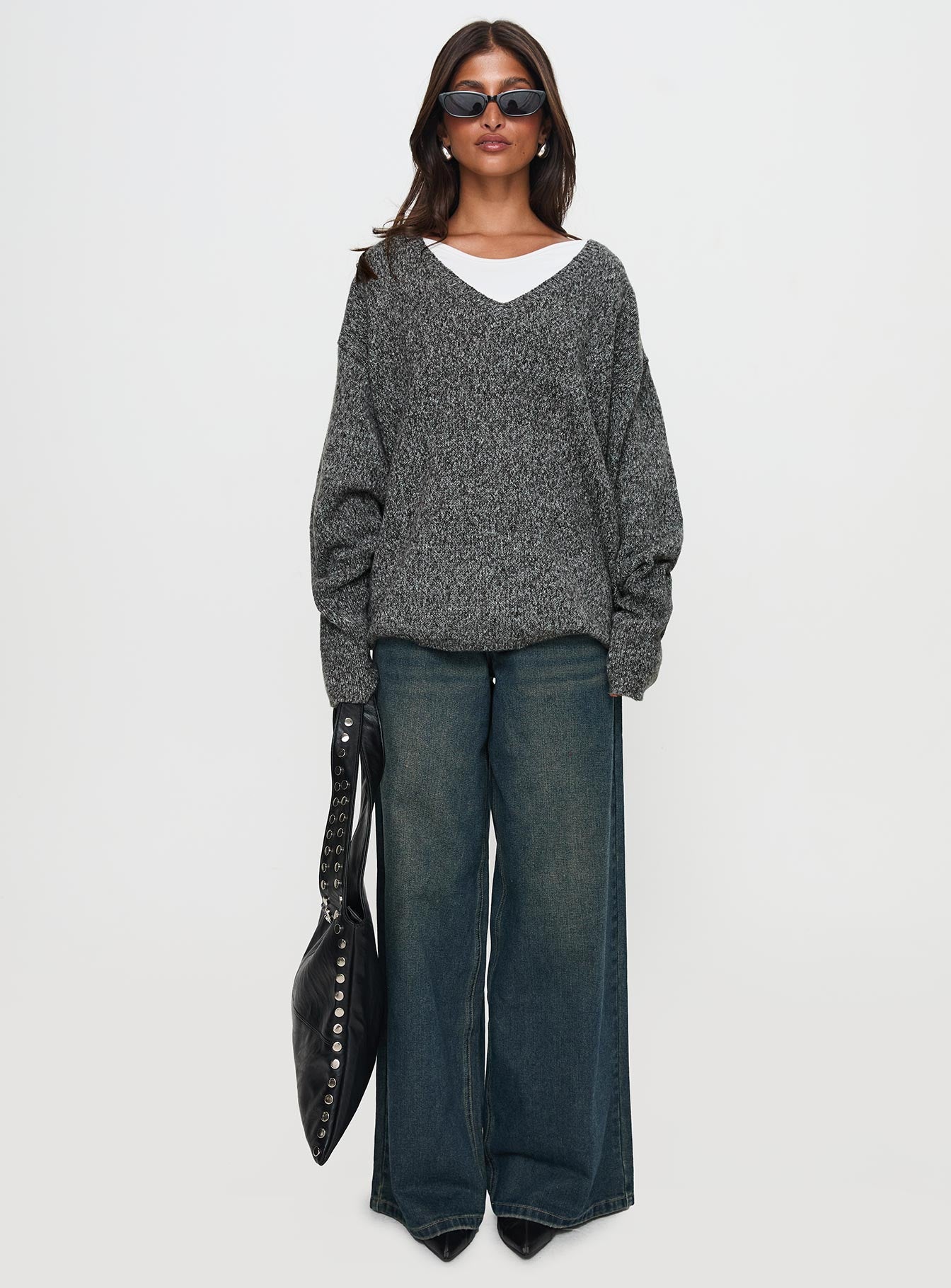 Beyond My Gaze V Neck Knit Sweater Grey、mySite、solidvoid