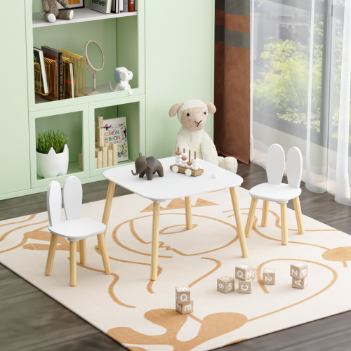 Kids Table and 2 Chairs Set, 3 Pieces Toddler Table and Chair Set, Wooden Activity Play Table Set (Lion&Monkey)、、casual
