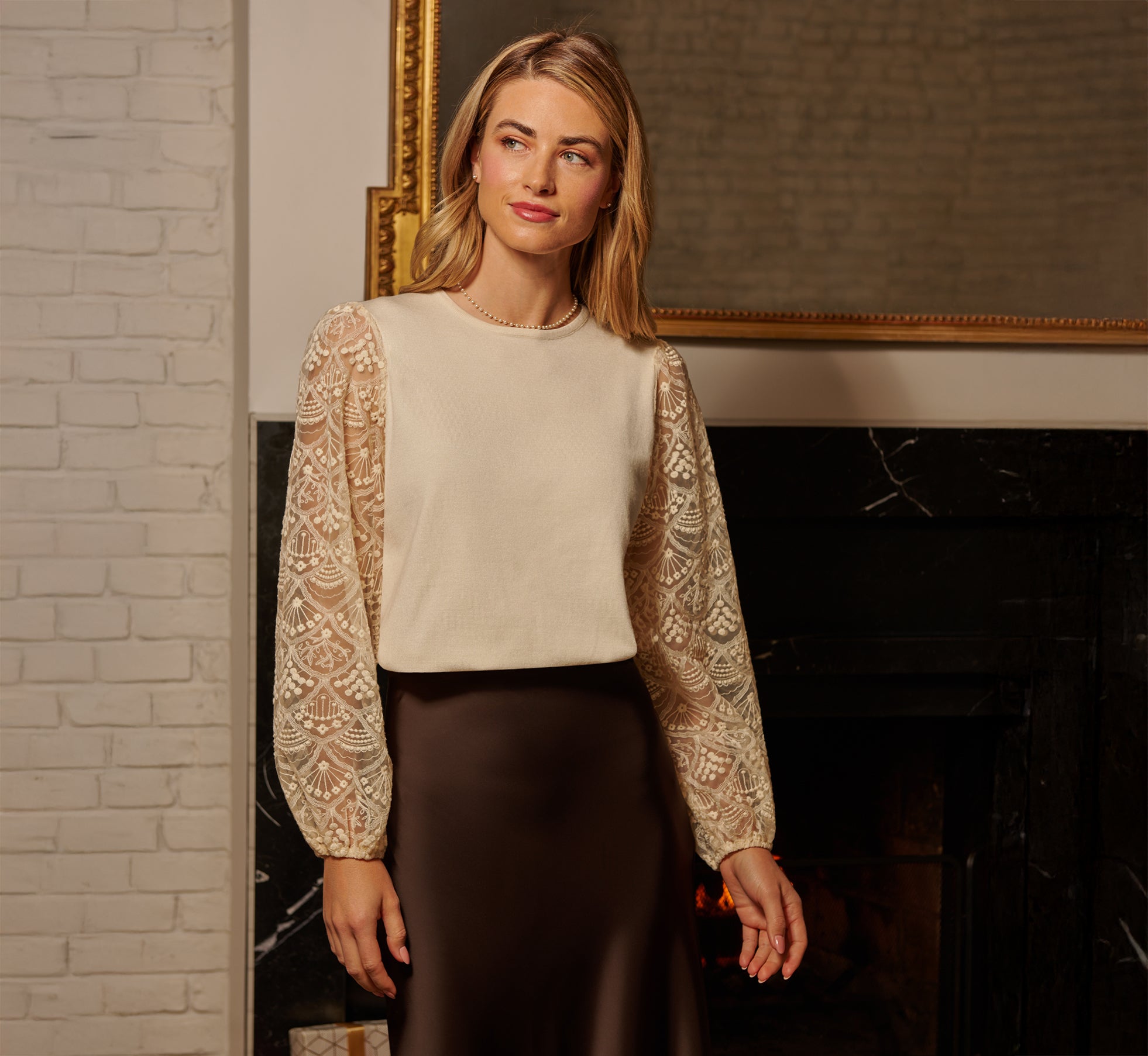 Lace Sleeve Crew Neck Sweater In Cream、mySite、solidvoid