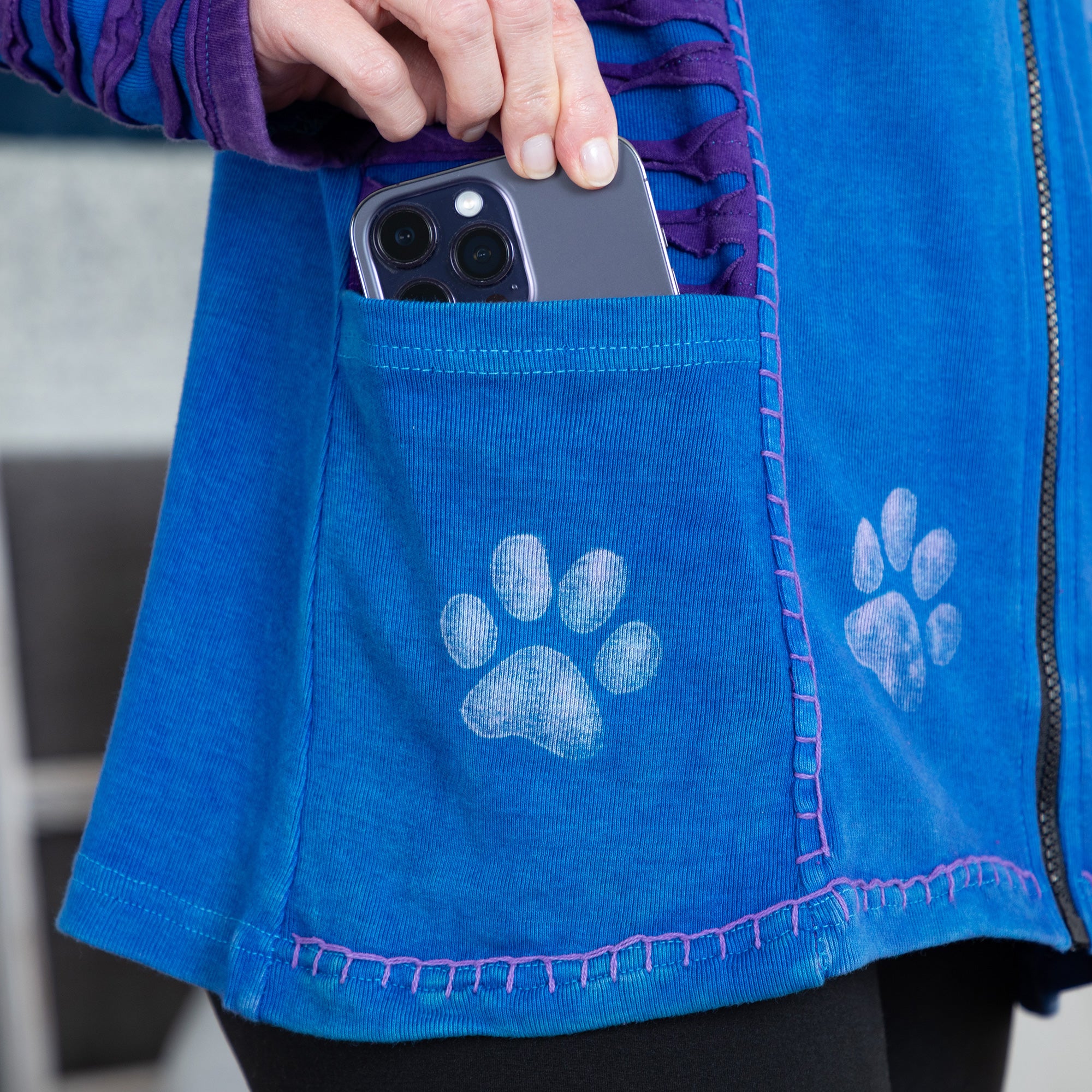 Blue & Purple Stonewashed Paw Print Hooded Jacket | Fair Trade、mySite、camillekostekn