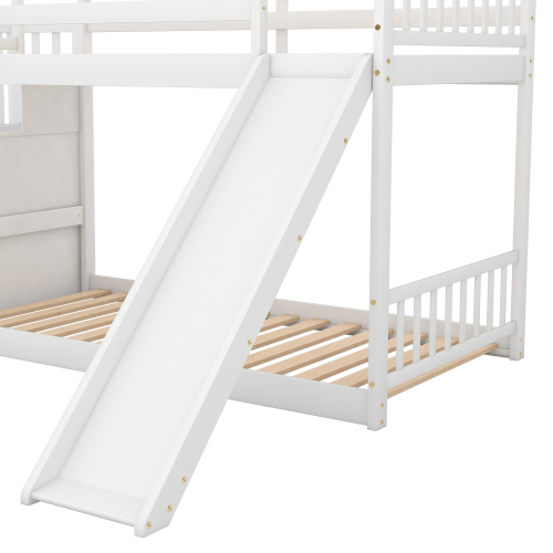 Twin over Twin Bunk Bed with Convertible Slide and Stairway, Gray、、casual