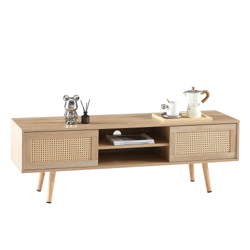 41.34" Rattan Coffee table, sliding door for storage, solid wood legs, Modern table for living room , natural、、casual