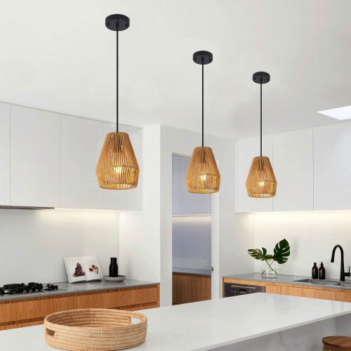 17" Boho Hemp Rope Pendant Light, Handcrafted Farmhouse Hanging Light Fixture for Kitchen Island, Dining Room, or Bedroom, Natural Finish, Adjustable Height (Bulb Not Included)、、eastwooduniform