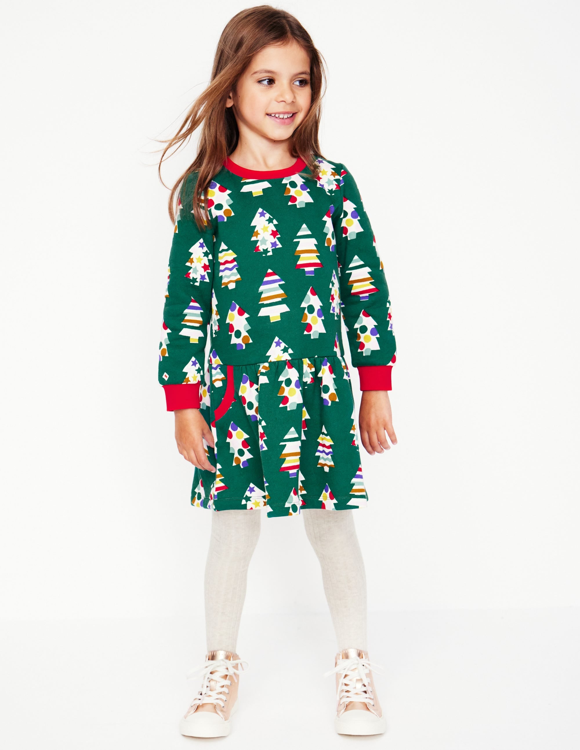  Cosy Printed Sweatshirt Dress-Jewel Green Christmas Trees、mySite、ashleygrahame