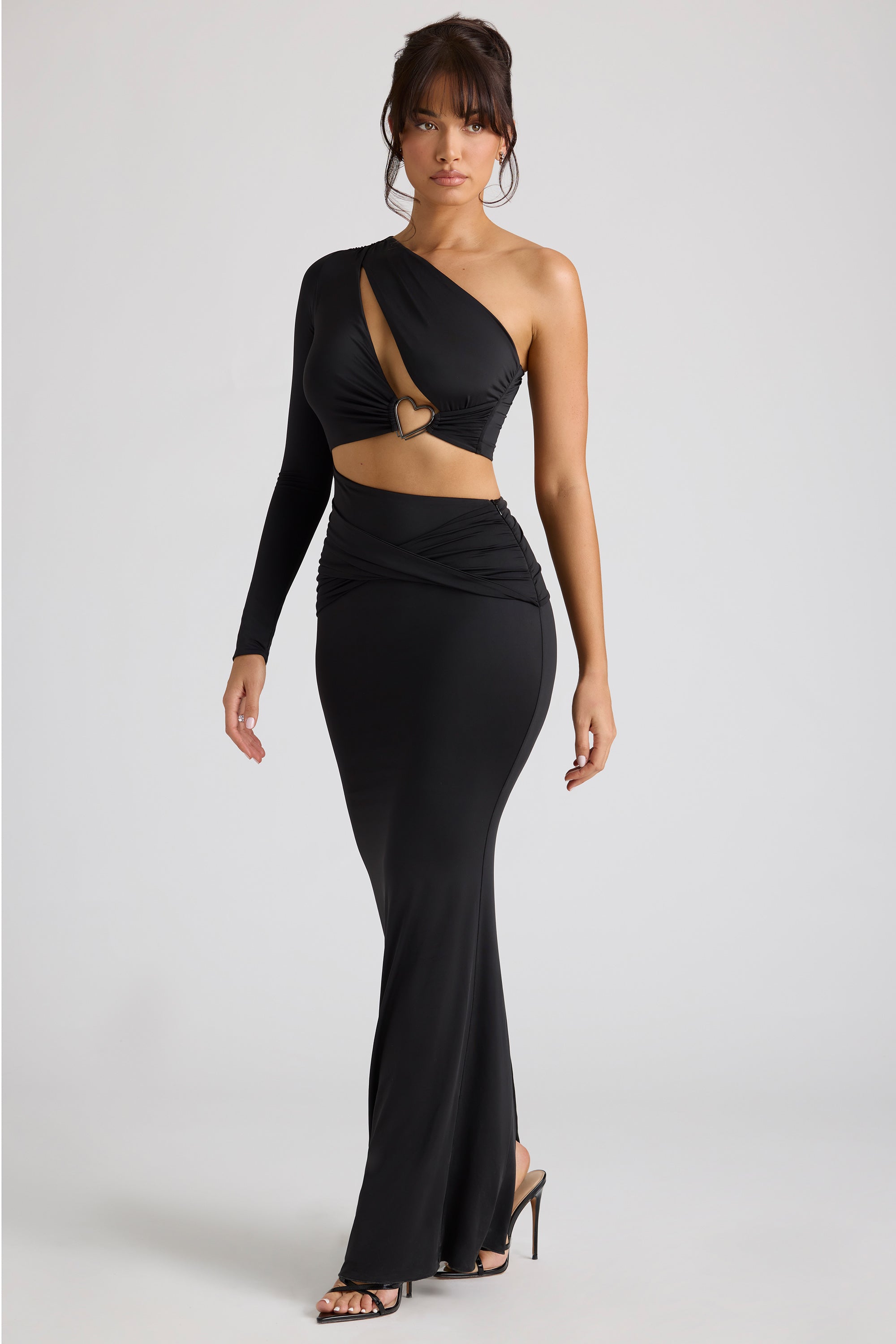 Single Sleeve Cut Out Evening Gown in Black、mySite、solidvoid