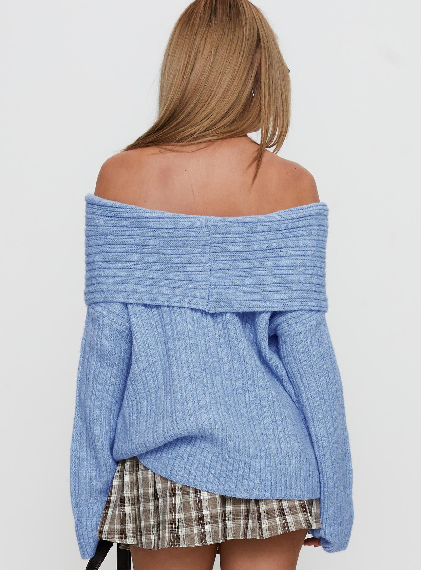 Snowie Off Shoulder Knit Sweater Blue、mySite、solidvoid