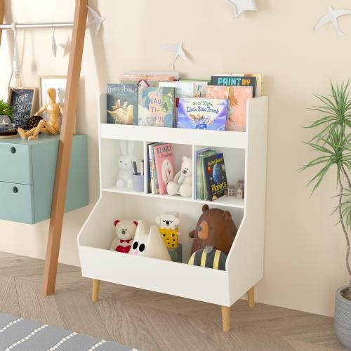 Kids Bookshelf and Toy Storage Organizer, Multifunctional 4 Tier Wooden Kids Book Shelf with Bookcase Display Stand in Kids Room Playroom Nursery for Kids, Children, Toddlers (White)、、casual